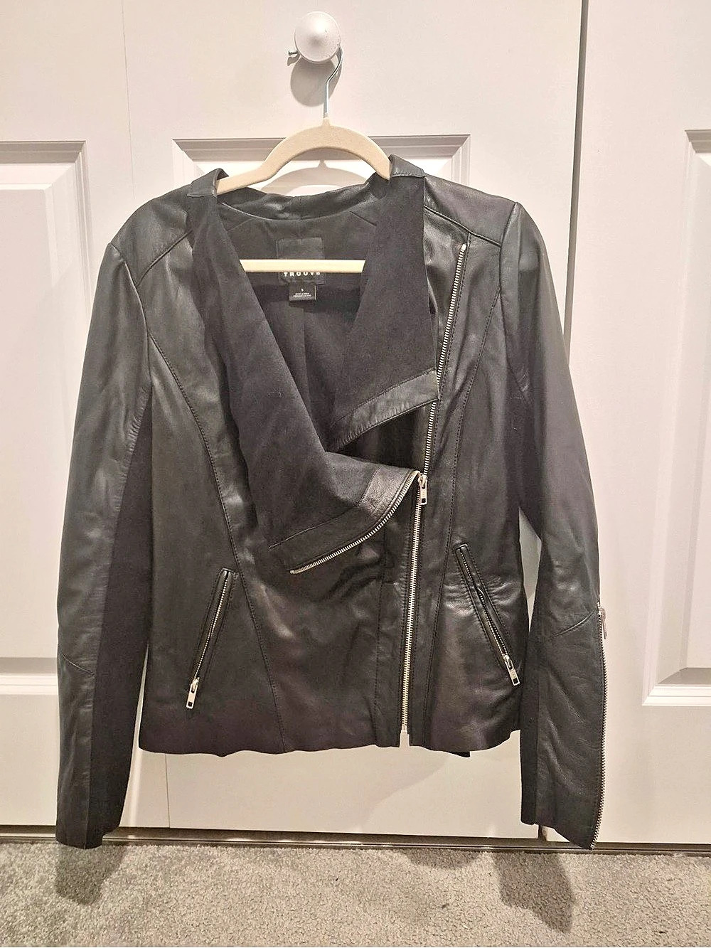Trouvé Asymmetric Drape-Front Leather Moto Jacket Black Small